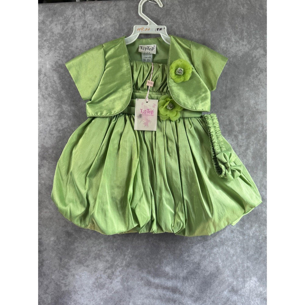 Tip Top Kids Lime Green Bubble Hem Dress Bolero Headband Set 18M - Picture 5 of 5
